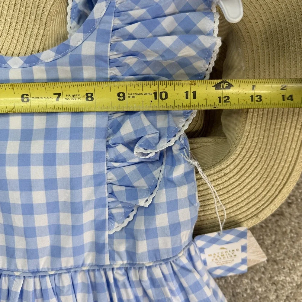 Tommy Bahama Dress Girls 7 Blue Gingham Sleeveless Ruffle Bow Hat Set Sundress